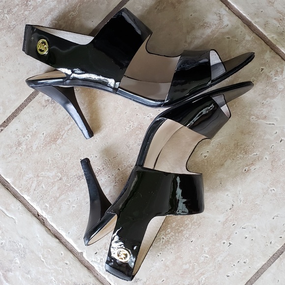 MICHAEL KORS WOMEN'S ROCHELLE OPEN TOE SHOES: BLACK PATENT 9M PRE-OWNED W/BOX - Picture 14 of 16